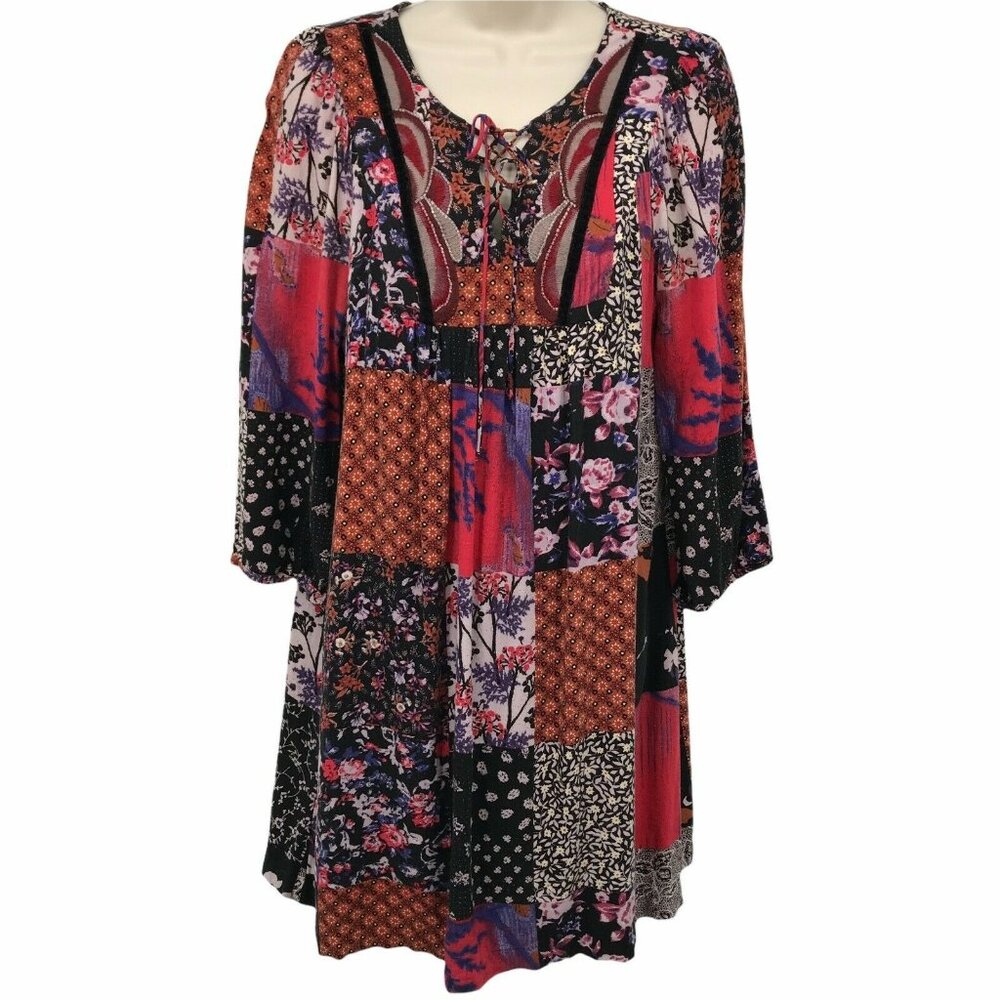 One September Womens Boho  Arcata Patchwork 3/4 Sleeve Multicolor Dress Size S